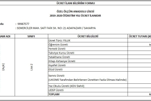 2019 - 2020 Eğitim Öğretim Dönemi Ücret Listesi