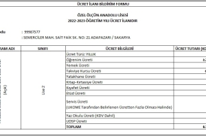 2022 - 2023 Eğitim Öğretim Dönemi Ücret Listesi