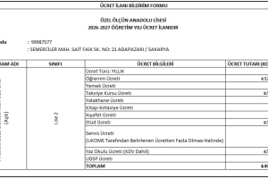 2026 - 2027 Eğitim Öğretim Dönemi Ücret Listesi