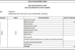 2020 - 2021 Eğitim Öğretim Dönemi Ücret Listesi