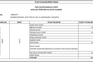 2024 - 2025 Eğitim Öğretim Dönemi Ücret Listesi