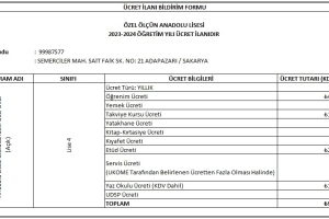 2023 - 2024 Eğitim Öğretim Dönemi Ücret Listesi
