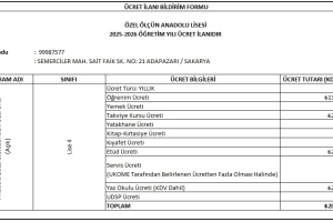 2025 - 2026 Eğitim Öğretim Dönemi Ücret Listesi