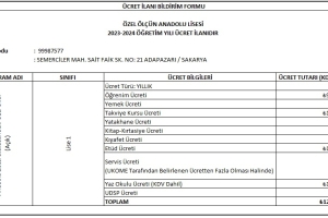 2023 - 2024 Eğitim Öğretim Dönemi Ücret Listesi