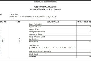 2025 - 2026 Eğitim Öğretim Dönemi Ücret Listesi